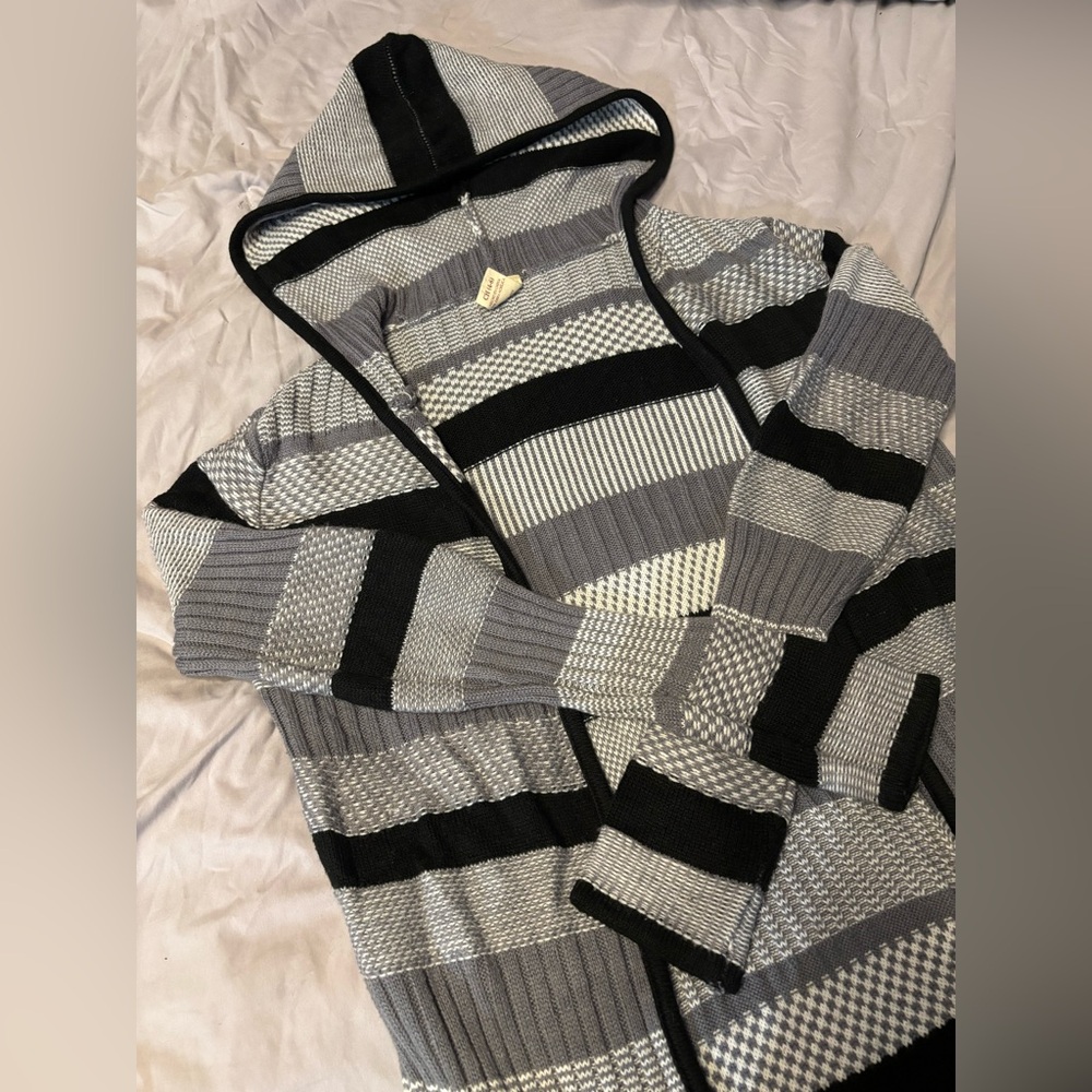 Striped Gray and Black Hooded Cardigan